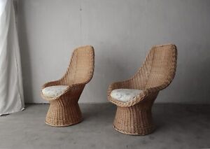 Pair Of Sculptural Polish Wicker Scoop Lounge Chairs