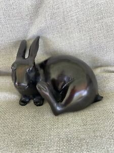 Antique Japanese Meiji Bronze Rabbit Sculpture Hare Signed Etched Statue 6 