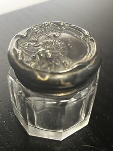 Cut Glass Vanity Dresser Jar With A Floral Repousse Sterling Silver Lid No Mono