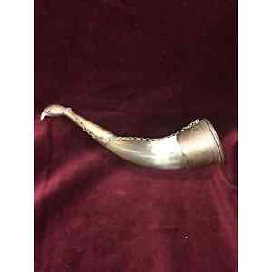 Brass Vintage Hunting Gun Powder Flask Drinking Cup Bull Horn Shofar 8 In Etched