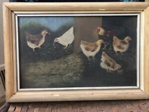 Early Primitive Oil Painting Of Roosters And Chickens On Board