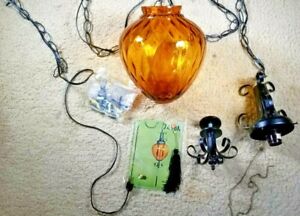 Vintage Amber Hand Blown Glass Swag Ceiling Globe Lite Light 7498m Spain