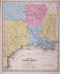 1854 Map Texas Indian Territory Arkansas La Ms Hand Colored 9x11 005
