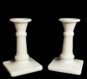 Antique Eapg Pair Opaque Candlesticks Graduated Pointed Diamond Banded Column 7 