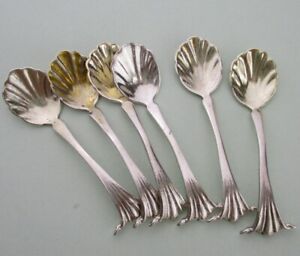 Onslow Shell Sterling Silver Salt Spoons Tiny Set Of 6