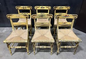 6 American Neoclassic Klismos Fancy Chairs Painted Finish Rush Seats C 1815