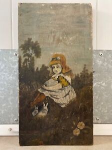  Antique Primitive Old 19th C American Folk Art Girl Rabbits Oil Painting