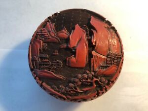 Antique Red Carved Cinnabar Lacquer Chinese Jewelry Trinket Box