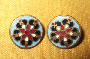 Pair Of Colorful Antique Victorian French Enamel Buttons W Mandala Flower Design