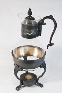 Vintage Glass Ornate Silver Plated Coffee Tea Carafe Pot Warmer Burner Stand