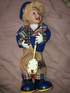Vintage Musical Clown Wind Up Porcelain Doll Playing Ukulele Music And Moving
