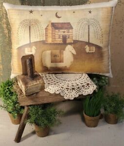 Folk Art Vintage Primitive Antique Americana Style Log Cabin Sheep 1854 Pillow