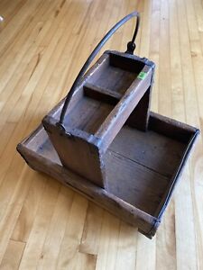 Nice Large Antique Rolling Wooden Tool Cart Carrier Box Iron Handle Casters