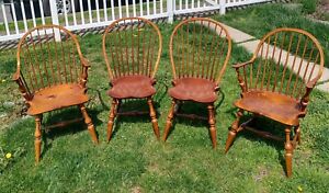 Set Of 4 D R Dimes Bowback Windsor Chairs Pine Hickory 2 Arms 2 Sides 