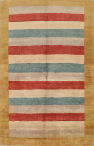 Striped Wool Modern Gabbeh Oriental Rug 4x6 Handmade For Bedroom
