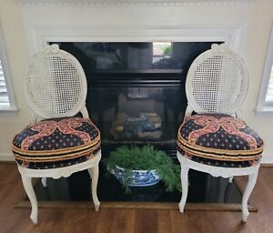 Pair Vintage French Country Wood Cane Chairs Cushions Chintz Fabric Free Ship 