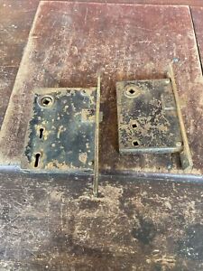 Lot Of Two Brass Metal Cast Iron Mortise Antique Door Locks Unrestored No Keys