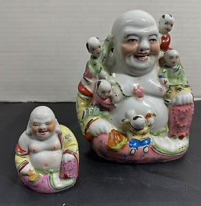 Chinese Porcelain Laughing Happy Buddha With 5 Children 7 5 T Bonus Budda 6 