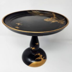 Antique Japanese Lacquered Wooden Makie Serving Table Takatsuki Crane Black Gold