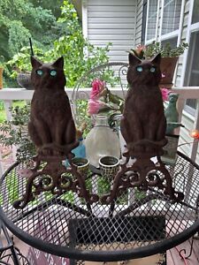Cast Iron Cat Andirons Patina Rust Glowing Green Marble Eyes Fireplace Pair Of 2