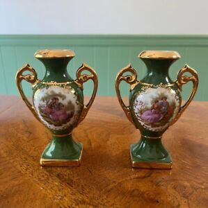 Pair Of Antique Green Porcelain Limoges France Urn Vase W Handles