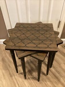 Vtg Set 3 Nesting Stacking Tables Faux Wood Formica Tapered Wood Legs Retro Mcm