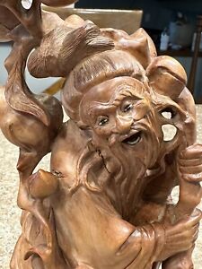 Antique Chinese Boxwood Huangyanmu Carved Wooden Taoist God Of Longevity