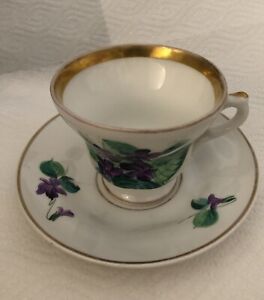 Antique Kpm Violet Flower Gold Hand Painted Cup Saucer Germany Hp Art Elegant