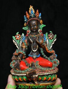 6 Tibet Bone Inlaid Gems Dzi Bead Green Tara Mahayana Goddess Buddha Statue