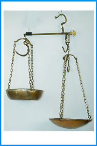 Antique Steelyard Balance Beam Brass Copper Hanging Scale With 2 Pans And Arm
