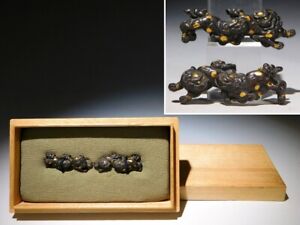 Shishi Foo Dog Gold Inlaid Kinko Menuki Edo Original Tsuba Sword Antique
