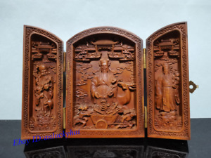Chinese Old Antique Boxwood Carve Double Open Box Fu Lu Shou Statue 