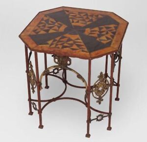 Oscar Bach Inspired Antique Wrought Iron Gilt Table With Mosaic Glass Top