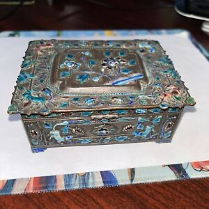 Antique Chinese Export Bronze Repousse Cloisonne Cigarette Case Trinket Box