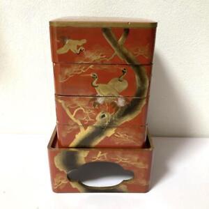 Crane Pattern Japanese Antique Jubako Wooden Box Makie Lacquer 6 4 Inch Tall