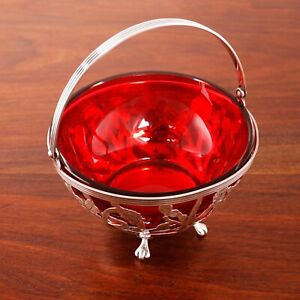 Merrill Shops Sterling Silver Footed Handled Bowl Cranberry Glass Overlay