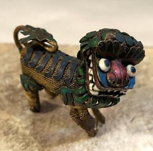 Vintage Gilt Metal Chinese Export Enamel Foo Dog Figurine Articulated Head Vgood