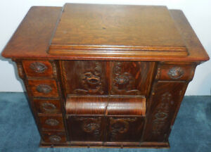 Rare Singer Machine In A Treadle Parlor Tiger Oak Cabinet