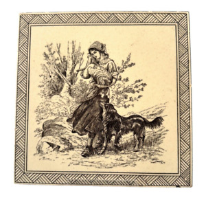 Minton Hollins Co Victorian Transferware Tile Woman Walking With Dog