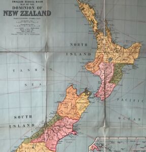 Vintage George Philips Sons New Zealand Wall Map School Classroom 1920s Linen
