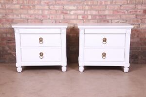 Baker Furniture Neoclassical White Lacquered Mahogany Nightstands Refinished