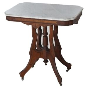 Antique Eastlake Victorian Carved Walnut Burl Marble Parlor Table C1890