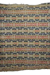 Antique Coverlet Three Color Cream Blue Red Gold Signed Bell 1861 New Hamburg