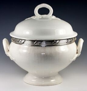 Antique French Faience Soup Tureen With Sterling Silver Collar White Pottery