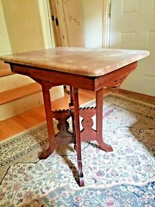 Victorian Eastlake Walnut Marble Top End Table Lamp Table Coffee Table Antique