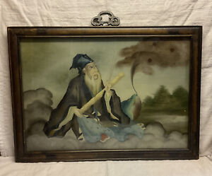 Antique Framed Chinese Reverse Painted Glass Panel Zhang Guo Lao 22 X 16