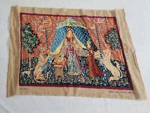 Vintage French Medieval Cross Stitch Scene Wall Hanging Tapestry Panel 129x95cm