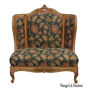Vintage French Provincial Louis Xvi Rococo Ornate Gold Floral Settee Red Plaid 