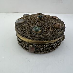 Vintage Agate Inlaid Moorish Weeding Brass Filgree Jewelry Dressing Box 5 Dia 