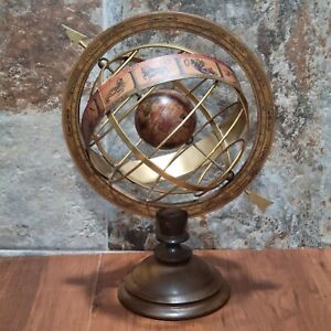 Wood Brass Zodiac Armillary Sphere Astrology World Scroll Double Rotating Globe